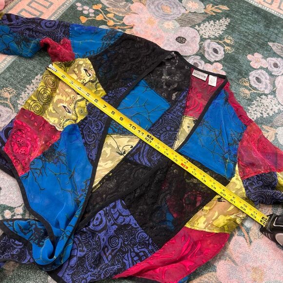 Chico's Silk Lace patchwork Top Women Large Multicolor Velvet Tie Front blouse 2 - Picture 9 of 15